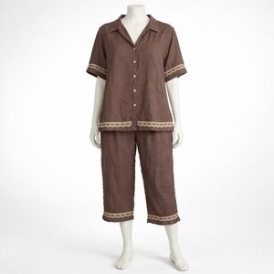 Y2K Boho Embroidered Linen Sleep Set Shirt‎ Pants Sz 24 26W Brown Coastal Lounge